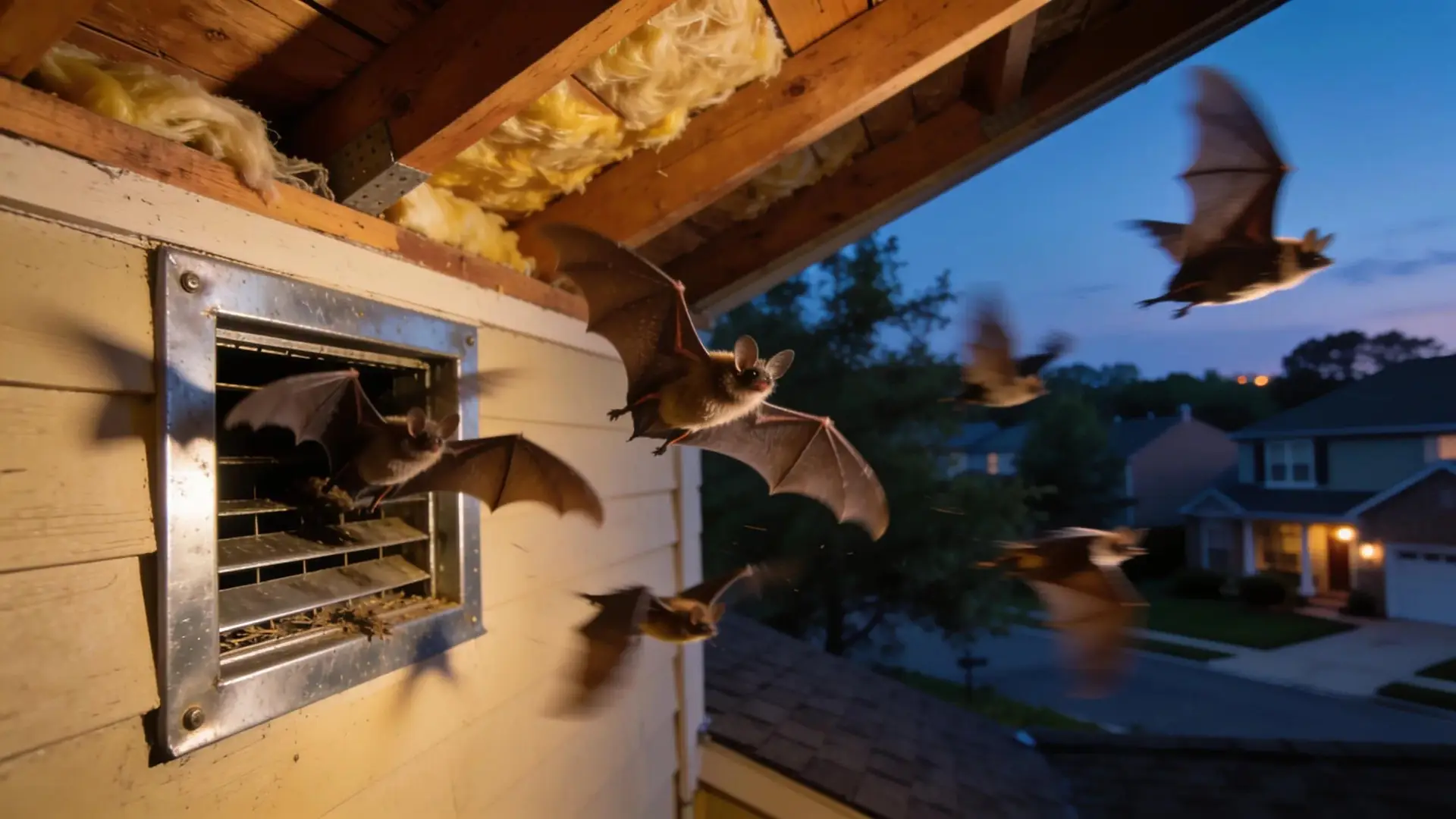 Attic bat exclusion scene with bats flying out of a vent in The Woodlands, TX