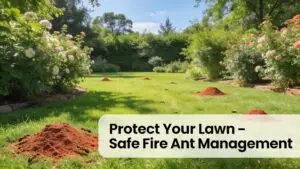 Lawn in Trinity East Texas showcasing fire ant mounds and lush greenery, emphasizing effective pest control practices