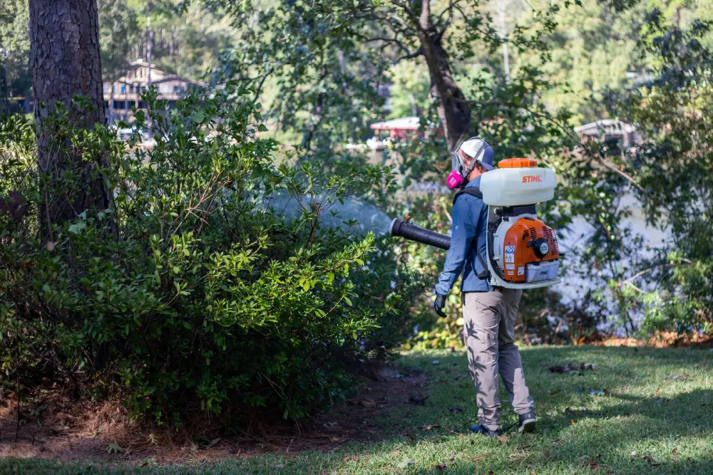 Pest control technician spraying foliage