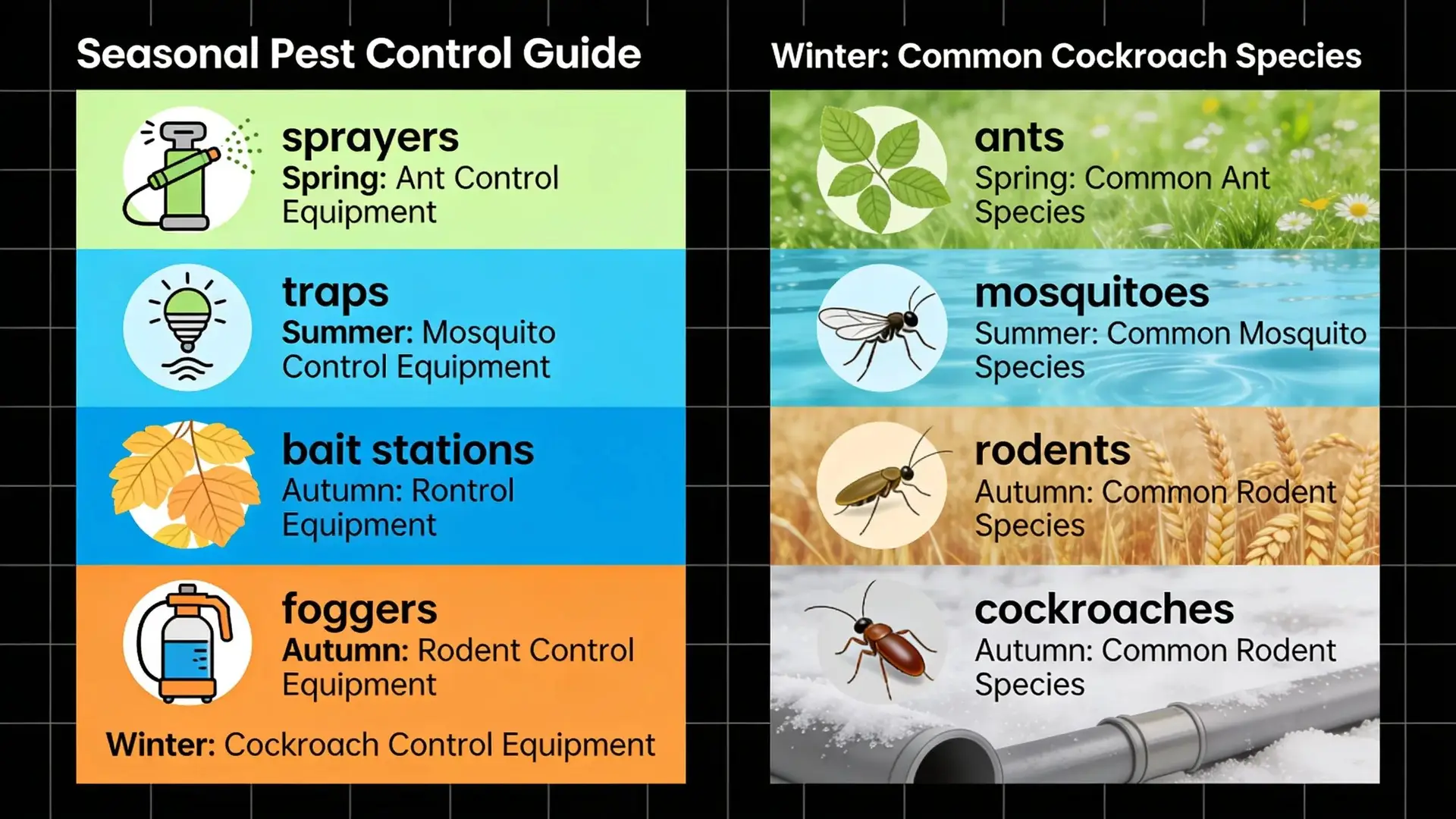 Pest control equipment and common pests relevant to seasonal treatment