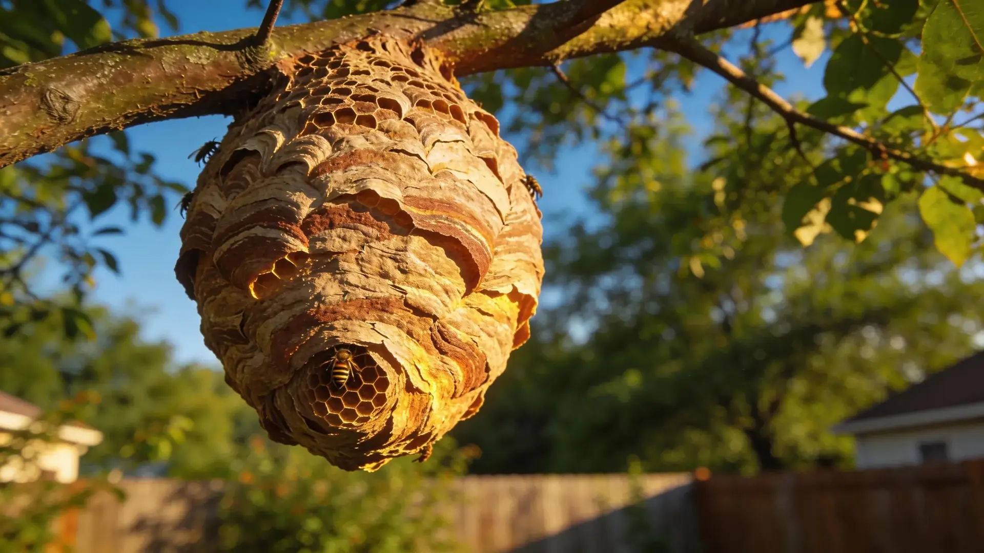 Close-up view of a paper-like wasp nest hanging from a tree branch