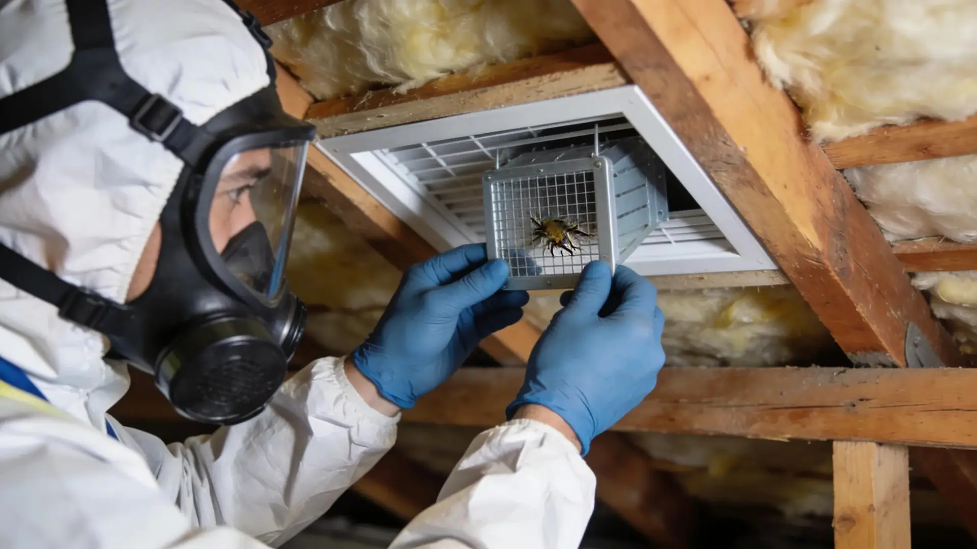 Professional technician installing a one-way exclusion device for humane bat removal