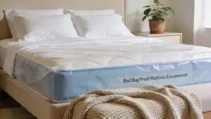 Clean, peaceful bedroom with protective mattress encasement against bed bugs