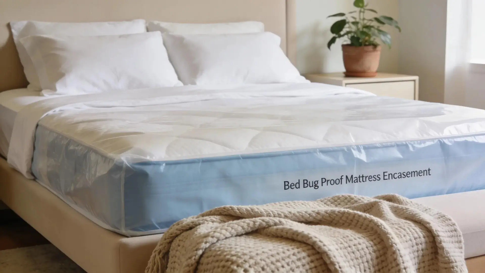 Clean, peaceful bedroom with protective mattress encasement against bed bugs