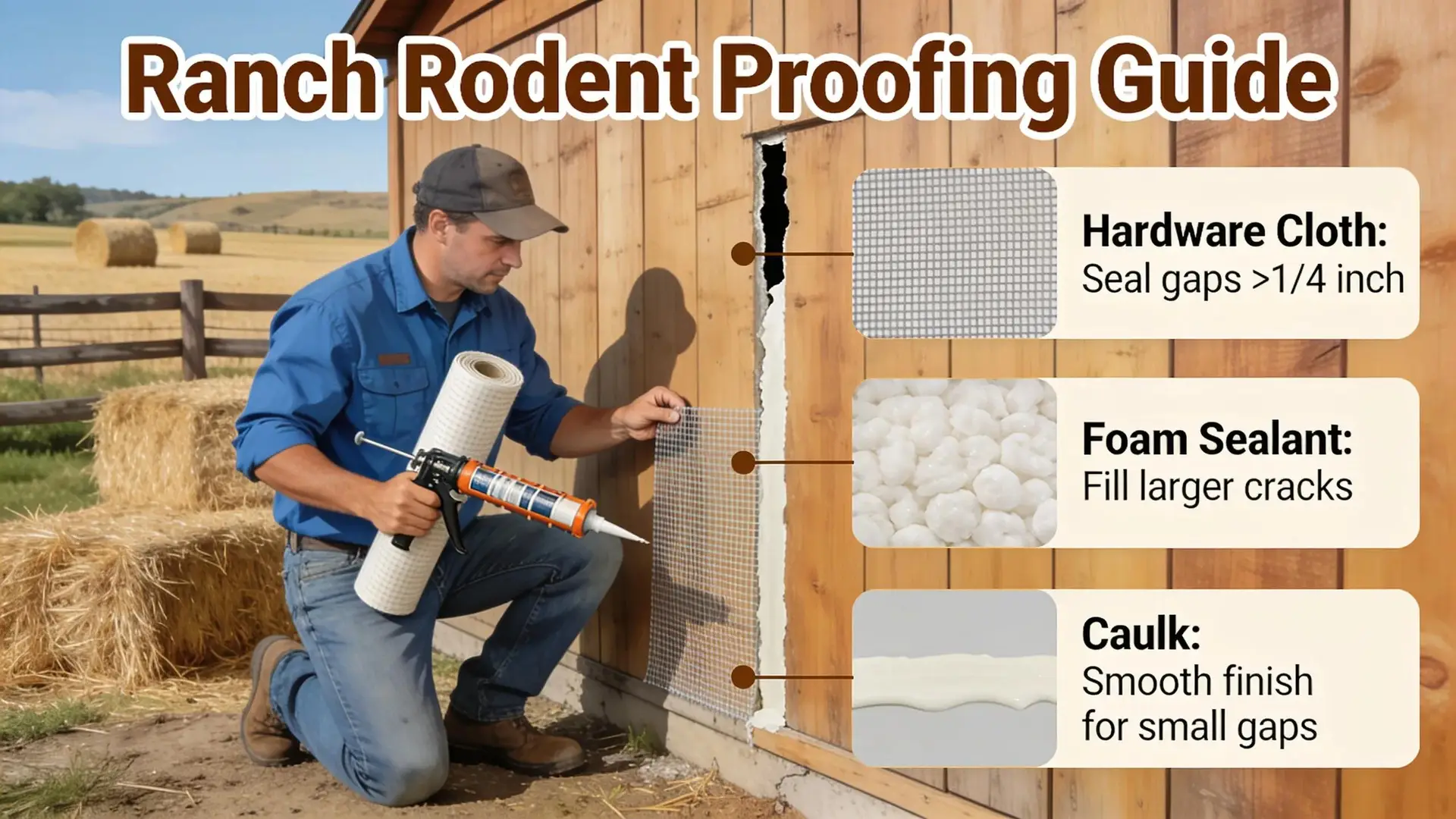 Ranch worker applying rodent proofing techniques using materials like hardware cloth and foam sealant