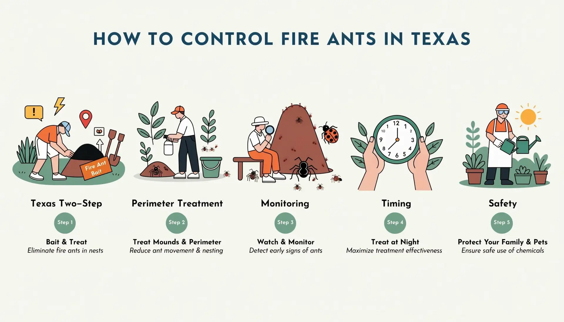 Five-step infographic of fire ant control: Texas Two-Step, perimeter treatment, monitoring, timing, and safety
