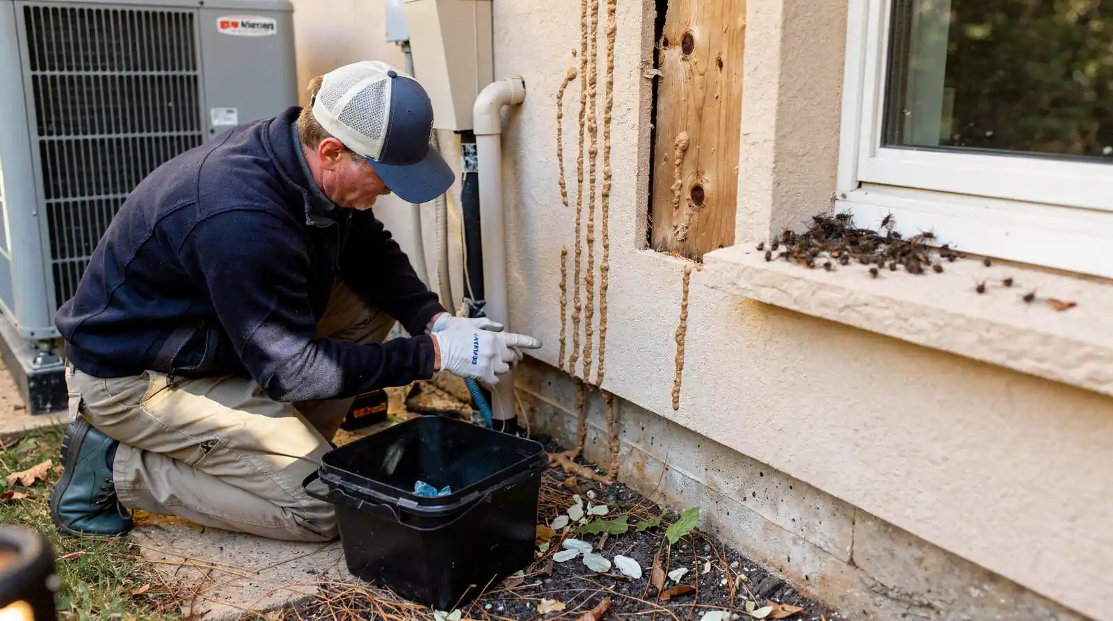 Mud tubes running along your foundation signal termites, not carpenter ants. Hollow-sounding wood, sagging floors